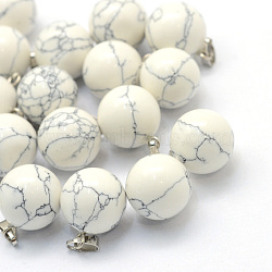 Round Natural Howlite Pendants, with Platinum Tone Brass Findings, 17~19x13~14mm, Hole: 2x7mm(G-Q434-13)