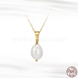 Natural Pearl Pendant Necklace with 925 Sterling Paperclip Chains, with S925 Stamp, Golden, 17.72 inch(45cm)(NJEW-I124-148)