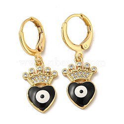 Real 18K Gold Plated Brass Dangle Leverback Earrings, with Enamel and Cubic Zirconia, Heart with Evil Eye, Black, 30x11mm(EJEW-A033-08G-05)
