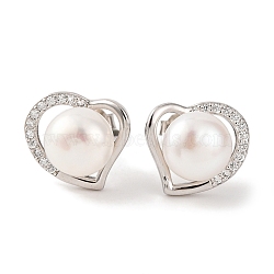 925 Sterling Silver Heart Stud Earrings, with Natural Pearl & Clear Cubic Zirconia, Real Platinum Plated, 11x11.5mm(EJEW-C115-06P)