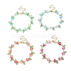 4Pcs 4 Color Acrylic & Glass Beaded Flower Linnk Chain Bracelets Set, Golden 304 Stainless Steel Jewelry for Women, Mixed Color, 7-1/8 inch(18.2cm), 1Pc/color(BJEW-TA00273)