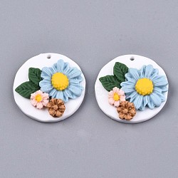 Handmade Polymer Clay Pendants, Flat Round with Flower, Colorful, 29.5~30.5x8~9mm, Hole: 1.8~2mm(X-CLAY-N010-016)