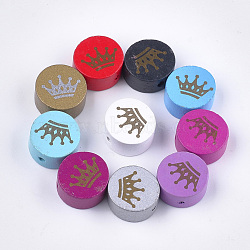 Printed Natural Maple Wood Beads, Dyed, Flat Round with Crown, Mixed Color, 19~20x10~10.5mm, Hole: 2.5mm, about 250pcs/500g(WOOD-T019-24)