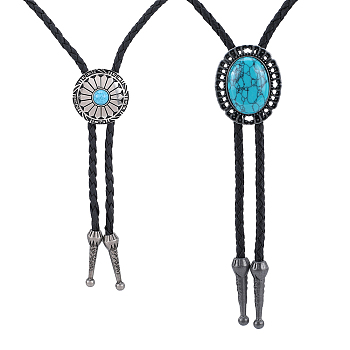 2Pcs 2 Style Imitation Leather Bolo Tie for Men, Alloy Sweater Necklaces, Synthetic Turquoise Flower & Oval Lariat Necklaces, Black, 40.94~41.73 inch(104~106cm), 1Pc/style