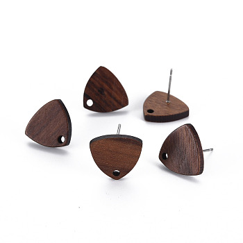Walnut Wood Stud Earring Findings, with 304 Stainless Steel Pin, Triangle, Coconut Brown, 13x14mm, Hole: 1.6mm, Pin: 0.6mm