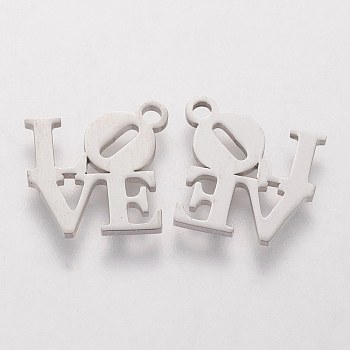 304 Stainless Steel Pendants, Word Love, Stainless Steel Color, 13x13x1mm, Hole: 1.5mm