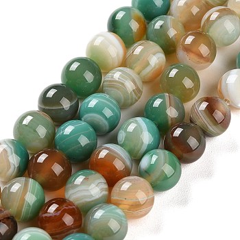 Natural Striped Agate/Banded Agate Beads Strands, Dyed, Round, Light Salmon, 10mm, Hole: 1.2mm, about 19pcs/strand, 7.60''(19.3cm)