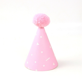 Paper Pompon Party Hats, with Polyester and Iron Rope, Birthday Gifts, for Girl Birthday Party Supplies, Pearl Pink, 185x110mm