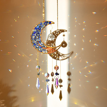 Natural Lapis Lazuli Chip & Brass Moon Hanging Suncatcher Pendant Decoration, Crystal AB Cone Glass Prism Pendants, 320x85mm