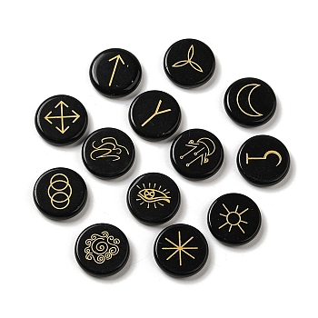 13Pcs Flat Round Natural Obsidian Rune Stones, Healing Stones for Chakras Balancing, Crystal Therapy, Meditation, Reiki, Divination, 24.5x5.5~7.5mm