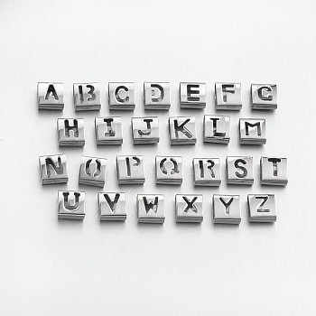 201 Stainless Steel Slide Charms, Letters, Stainless Steel Color, 9x8x4mm, Hole: 8mm