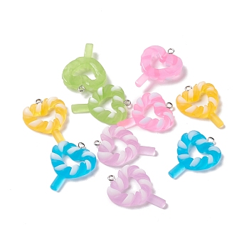 Frosted Luminous Resin Pendants, with Platinum Tone Iron Loops, Heart Lollipop Charms, Mixed Color, 32x24x5mm, Hole: 2mm