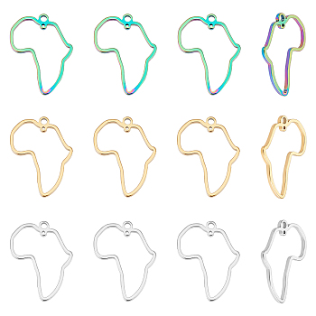 12Pcs 3 Colors Africa Map 304 Stainless Steel Connector Charms, Laser Cut, Mixed Color, 26x20x1.5mm, Hole: 0.8~1.8mm, 4pcs/color