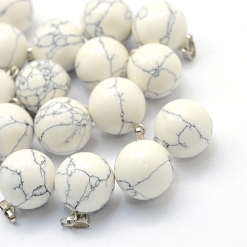 Round Natural Howlite Pendants, with Platinum Tone Brass Findings, 17~19x13~14mm, Hole: 2x7mm