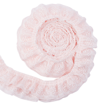 Polyester Pleated Lace Trim, Ruffled Lace Ribbon for Garment Accessories, Pink, 3-5/8 inch(92mm), 2.5 yards/strand