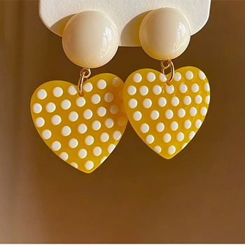 Alloy Resin Stud Dangle Earrings for Women, Polka Dot Heart, Yellow, 43x26mm