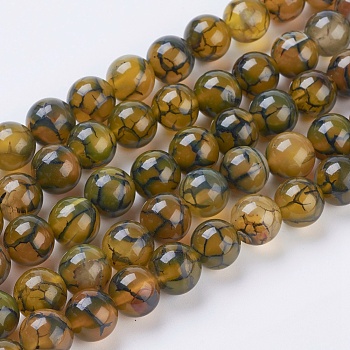 Natural Dragon Veins Agate Beads Strands, Dyed, Round, Olive, 10mm, Hole: 1mm, about 38pcs/strand, 15.5 inch