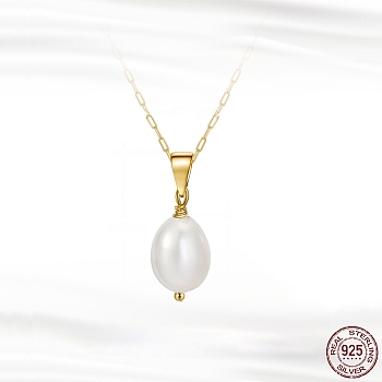 Natural Pearl Pendant Necklace with 925 Sterling Paperclip Chains, with S925 Stamp, Golden, 17.72 inch(45cm)