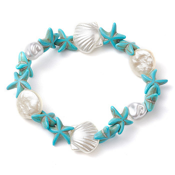 Synthetic Turquoise & ABS Plastic Imitation Pearl Beaded Stretch Bracelets, Summer Beach Starfish & Shell Shape Bracelets for Women Men, Inner Diameter: 2-1/4 inch(5.8cm)