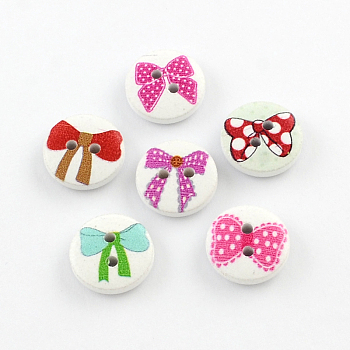 2-Hole Bowknot Pattern Printed Wooden Buttons, Flat Round, Mixed Color, 15x4mm, Hole: 2mm