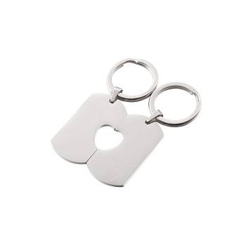 304 Stainless Steel Couples Keychain, Rectangle with Half Heart, Stainless Steel Color, 3.2x1.7x0.15cm