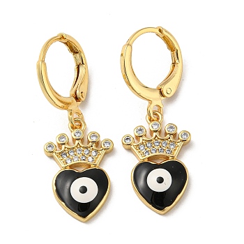 Real 18K Gold Plated Brass Dangle Leverback Earrings, with Enamel and Cubic Zirconia, Heart with Evil Eye, Black, 30x11mm
