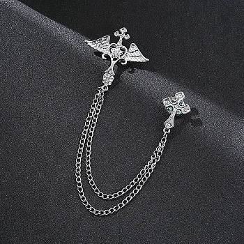Angel Wing & Cross Chain Tassel Dangle Brooch Pin, Alloy Rhinestone Badge for Jackets Hats Bags, Platinum, 190mm