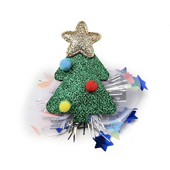 Christmas Theme Glitter Felt Fabric Alligator Hair Clip, with Iron Clip, Christmas Tree, 83x81x14mm