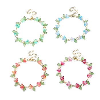 4Pcs 4 Color Acrylic & Glass Beaded Flower Linnk Chain Bracelets Set, Golden 304 Stainless Steel Jewelry for Women, Mixed Color, 7-1/8 inch(18.2cm), 1Pc/color