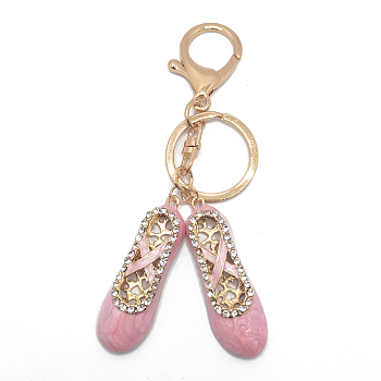 Crystal Rhinestone Ballet Shoes Keychains, with Enamel, KC Gold Plated Alloy Charm Keychain, Pink, 11.6x1.65cm