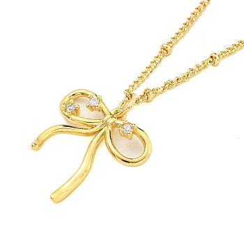 Brass Micro Pave Clear Cubic Zirconia Pendant Necklaces, Bowknot, Real 18K Gold Plated, 16.61 inch(422mm), Bowknot: 20x19mm
