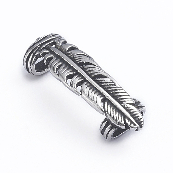Retro 304 Stainless Steel Slide Charms/Slider Beads, for Leather Cord Bracelets Making, Feather Shape, Antique Silver, 32.5x11x8mm, Hole: 4x8mm
