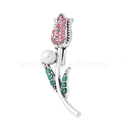 Alloy Rhinestone Brooches, with Plastic Imitation Pearl Beads, Rose Flower, Antique Silver, Rose, 36.5x16.5mm(JEWB-H028-03AS-01)