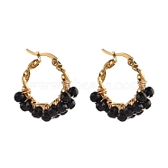 201 Stainless Steel Hoop Earrings, Hypoallergenic Earrings, with Natural Black Agate Beads, Twisted Ring Shape, Golden, 30x24mm, Pin: 1.3x0.7mm(EJEW-JE04223-03)