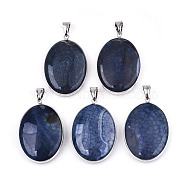 Natural Crackle Agate Pendants, with Platinum Plated Iron Bails and Settings, Oval, Dyed, Prussian Blue, 45~46x31x9~11mm, Hole: 6x9.5mm(G-N326-54)