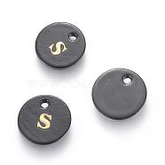 Freshwater Shell Charms, with Gold Blocking Letter, Dyed, Flat Round, Black, Letter.S, 11x1.5mm, Hole: 1.5mm(SHEL-S253-16S)