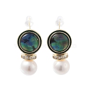 Brass Paua Shell Ear Studs, with Glass & Pearl Beads, 925 Sterling Silver Pins, Round, Real 14K Gold Plated, 25x13.5mm(EJEW-P256-01G)