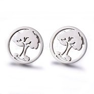 304 Stainless Steel Stud Earrings, Hypoallergenic Earrings, Flat Round with Tree of Life, Stainless Steel Color, 15x1.2mm, Pin: 0.8mm(EJEW-H371-08P)