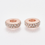 Rose Gold Plated Alloy European Beads, with Rhinestones, Large Hole Beads, Flat Round, Crystal, 11x3.5mm, Hole: 4.5mm(MPDL-S067-24)