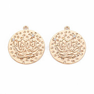 Brass Micro Pave Clear Cubic Zirconia Pendants, Nickel Free, Flat Round with Lotus, Real 18K Gold Plated, 22x20x2mm, Hole: 1.5mm(KK-S364-168)