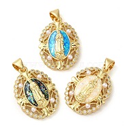 Rack Plating Brass Micro Pave Cubic Zirconia Earrings, with Shell, Cadmium Free & Lead Free, Long-Lasting Plated, Real 18K Gold Plated, Oval, Virgin Mary
, Mixed Color, 23x16.5x4.5mm, Hole: 4x3mm(KK-P268-06A-G)