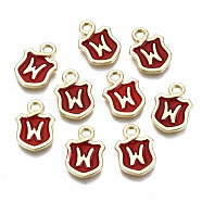 Alloy Enamel Charms, Cadmium Free & Lead Free, Shield with Initial Letters, Light Gold, Letter.W, 14x10x2mm, Hole: 2mm(ENAM-T012-03W-RS)