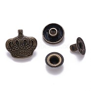 Brass Snap Buttons, Alloy Cap, Garment Buttons, Cadmium Free & Lead Free, Crown, Antique Bronze, Cap: 15.5x16.5mm, Pin: 3mm, Stud: 10x4mm, knob: 4.5mm & 10x6.5mm, knob: 3.5mm, Socket: 12x4mm, half-drill: 5mm, 4pcs/set(SNAP-S012-001-RS)