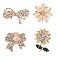 4Pcs 4 Style Crystal Rhinestone Bowknot & Sunflower Brooches, Gold Plated Alloy Badges for Backpack Clothes, Golden, 20~26x15~21mm(JBR078A)