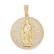 Rack Plating Brass Micro Pave Clear Cubic Zirconia Pendants, Cadmium Free & Nickel Free & Lead Free, Long-Lasting Plated, Religion, Flat Round with Virgin Mary Pattern, Real 18K Gold Plated, 29.5x26x4mm, Hole: 6x3mm(KK-M229-01G)