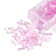 10G Ceylon Glass Twist Bugle Beads, Transparent Colours Rainbow, Hot Pink, 6.5x2mm, Hole: 0.8mm(SEED-L012-01D)