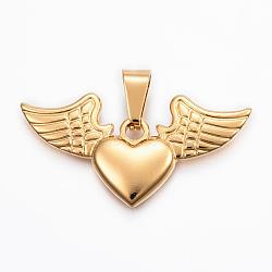 304 Stainless Steel Pendants,  Heart with Wing, Golden, 20x40x3mm, Hole: 9x5mm(STAS-H372-38G)