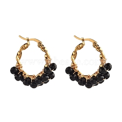 201 Stainless Steel Hoop Earrings, Hypoallergenic Earrings, with Natural Dyed & Heated Black Agate Beads, Twisted Ring Shape, Golden, 30x24mm, Pin: 1.3x0.7mm(EJEW-JE04223-03)