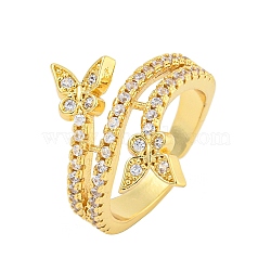 Butterfly Rack Plating Brass Micro Pave Cubic Zirconia Cuff Finger Rings, Cadmium Free & Lead Free, Long-Lasting Plated, Real 18K Gold Plated, 18mm, Adjustable(RJEW-C103-01G)