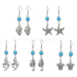 Ocean Theme Alloy Dangle Earrings with Synthetic Turquoise Beaded, Mixed Shapes, 58.5~66x12.5~23mm(EJEW-JE05447)